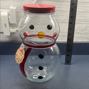 Festive Snowman Glass Jar with Red Accents